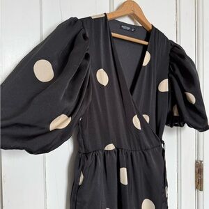 Nasty Gal Black Puff Sleeve Polka Dot Wrap Dress